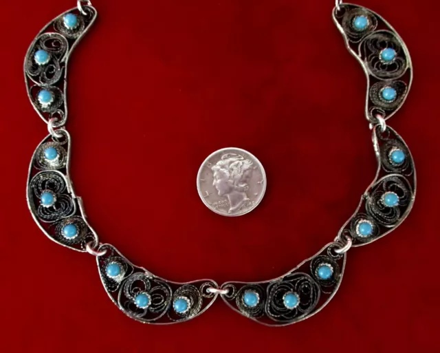 Vintage Middle Eastern Cannetille Sterling Silver  & Turquoise Glass Bead Choker