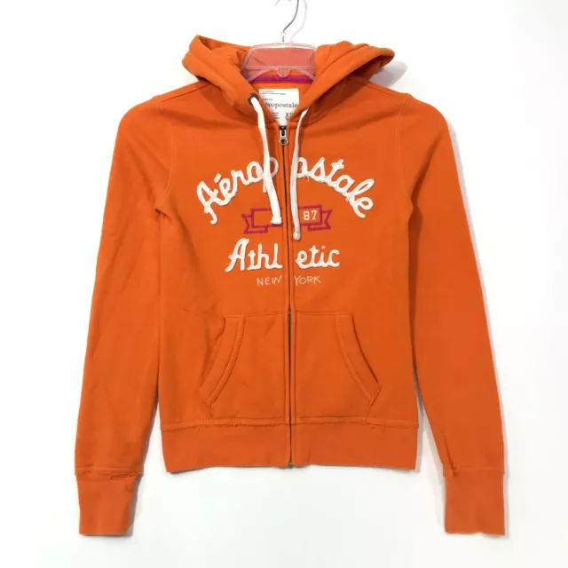 Aeropostale Full Zip Hoodie Womens Size XS Orange Sweatshirt Sew On Jacket