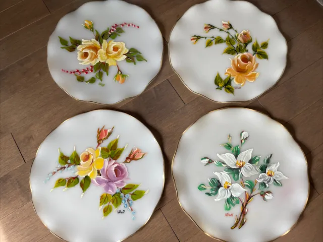 Vintage Hand-Painted Floral Plates Scalloped Artist Signed Wall Resin Set Of 4