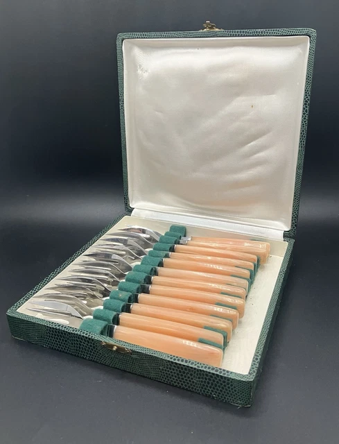 COFFRET DE 12 FOURCHETTES À DESSERT, INOX, MANCHE MATIÈRE PLASTIQUE