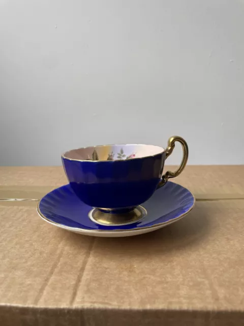 Rare Vintage Aynsley Bone China Cabbage Rose Tea Cup And Saucer Cobalt Blue