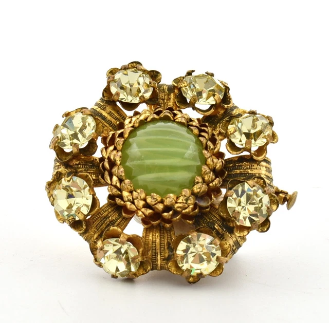 Grande Broche Vintage Années 50/60 Avec Cabochon Verre Taillé Vert Et Or