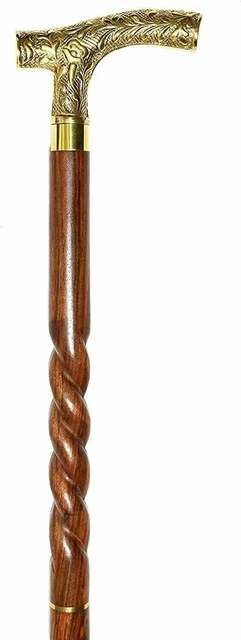 Canne De Marche En Bois Avec Poignée En Laiton Massif - Hauteur Réglable ~36 Pouces, Neuf
