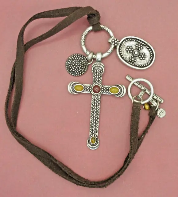 Vintage S10 Leather Necklace 18” Silver Plated Cross Charms Toggle Closure