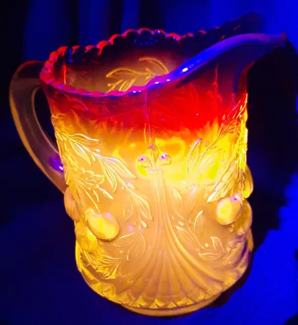 UV REACTIVE Vintage L.G. Wright Wreathed Cherry Amberina Glass Pitcher