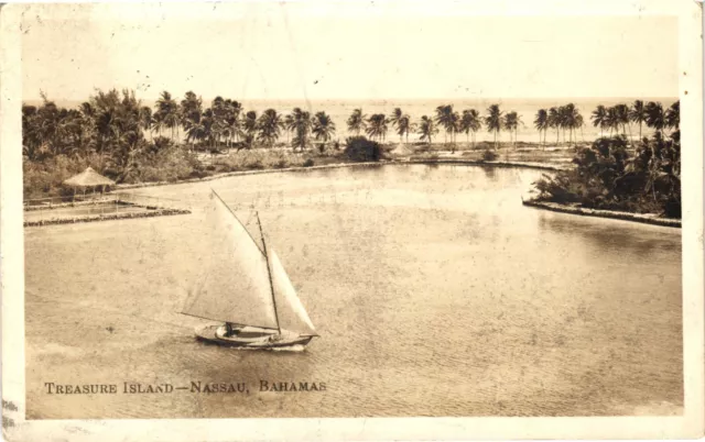 RPPC Real Photo Postcard Treasure Island Nassau Bahamas Sailboat Lagoon 1935