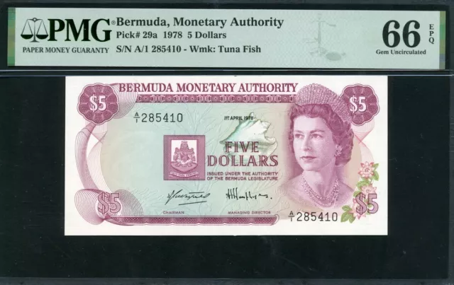 Bermuda 1978 5 Dollars P29a PMG 66 EPQ GEM UNC