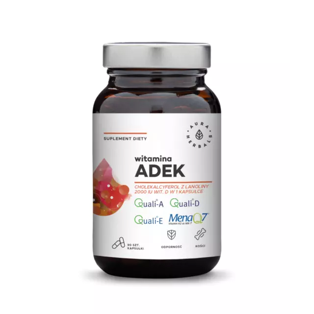ADEK Vitamins A + D3 2000 IU + E + K2 MK-7 (90 caps) Aura Herbals