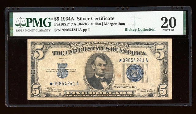 DBR 1934-A $5 Silver STAR Fr. 1651* PMG VF-20 Serial *09854241A