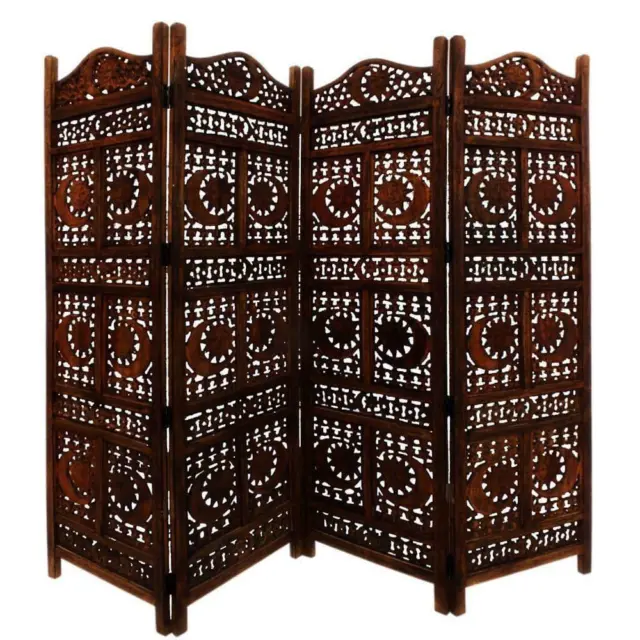 Benzara Room Divider 80"x71" 4-Panel Foldable Wood Hand Carved Sun + Moon Brown