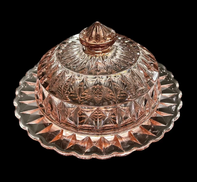 VINTAGE WINDSOR Pink Depression Glass Round Butter Dish with