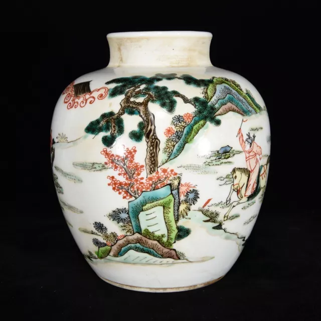 7.4 " Old Chinese Five colours Porcelain Dynasty Pine Figure Horse Jar