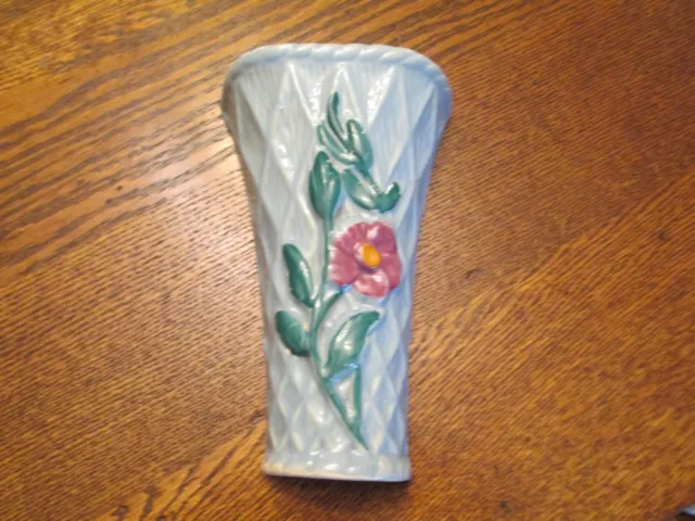 Vintage Blue Art Pottery Wall Pocket Vase Lattice Design Pink Flower