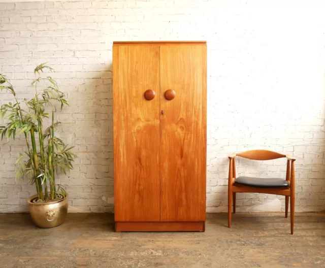 Vintage 60s 70s Mid Century Modern Teak Single 2 Door Wardrobe with 4 Shelves