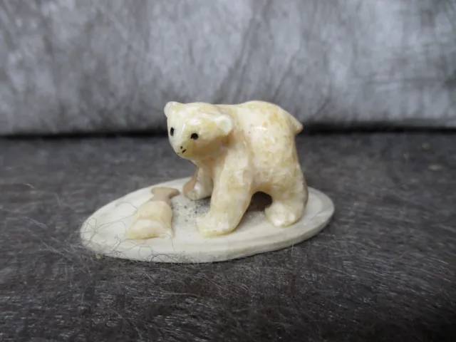 Cute Baby Bear Carve with fish. Alaska. Inuit. Eskimo. Sculpture. white jade