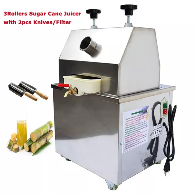 3Rollers Electric Sugarcane Juicer Sugar Cane Press Juice Machin w/ 2Knives-110V