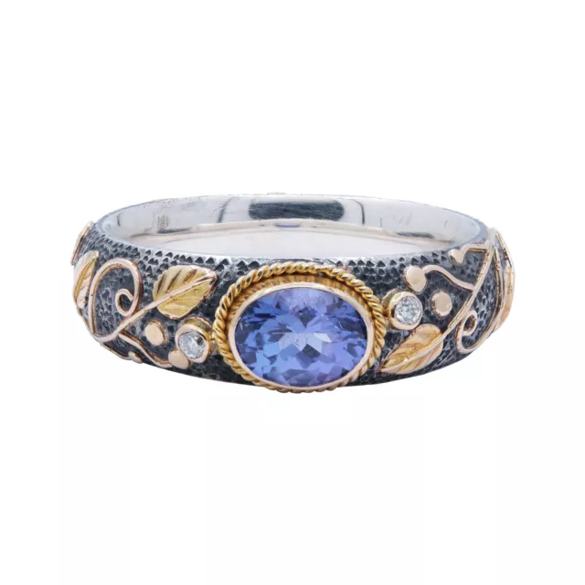 Tanzanite & Diamond 18k Yellow Gold  & 925 Solid Sterling Silver Engraved Band