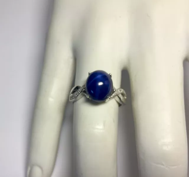 Sterling Silver Oval 11 x 9mm Synthetic Blue Star Sapphire & Diamond Ladies Ring