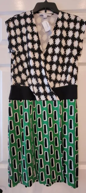 NWT $375  Diane von Furstenberg Silk Dress Black White Green Size 8