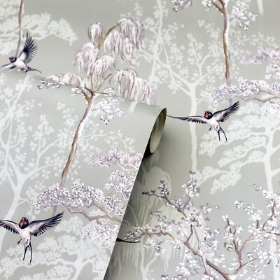 Arthouse Birds of Paradise carta da Parati Grigio Rosa FLOREALE CON TEXTURE VINILE VERDE 