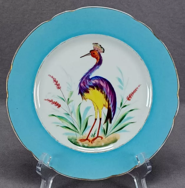 Fischer & Mieg Hand Painted Crane Bird Blue & Gold 8 Inch Plate Circa 1853-1873