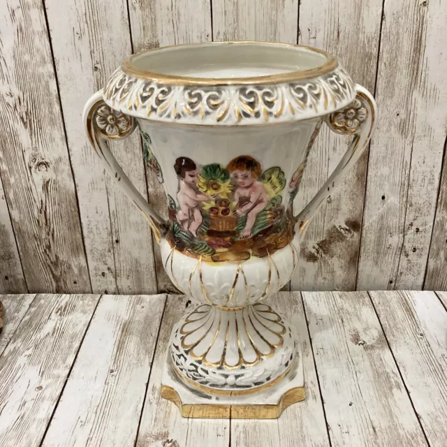 Vintage Capodimonte Italy Porcelain Cherubs Urn Vase 9” Tall
