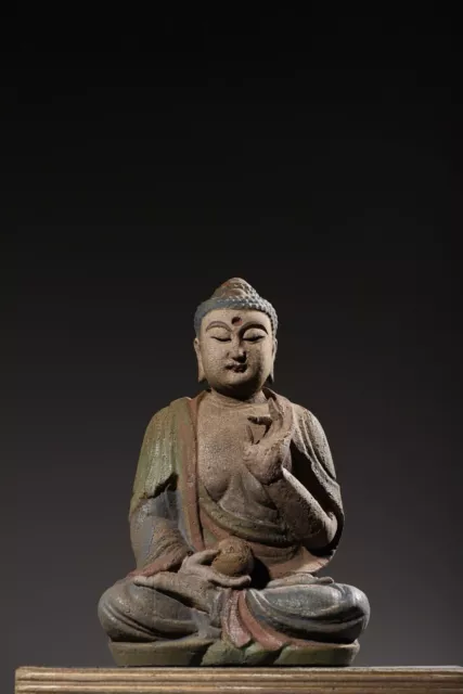 Antique Chinese Wood Carved Sakyamuni Buddha Statue Painted Wooden Sculpture Art