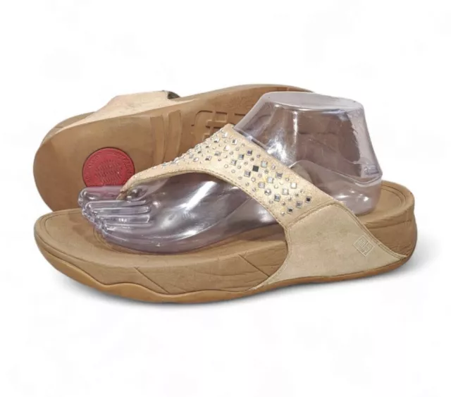 Fitflop Novy Glitter Studded Thong Wedge Flip Flop Beige Comfort Sandals Size 9