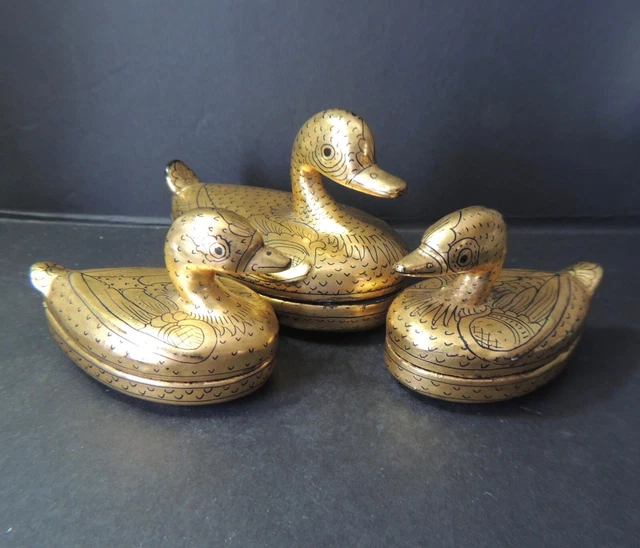 Vintage Black and Gold Laquer Hand Painted Duck Boxes signed Burma set of 3