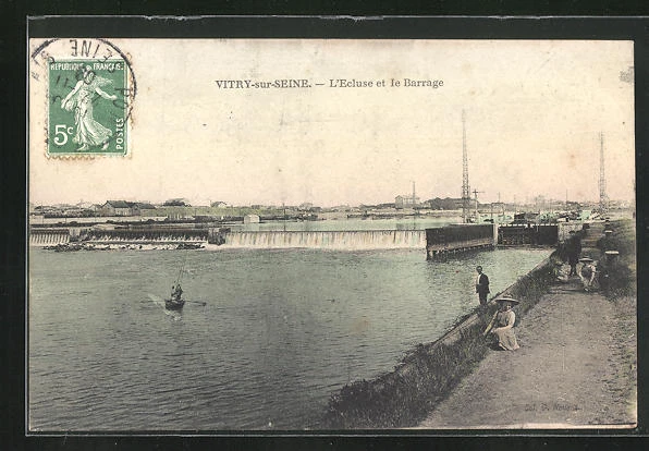 CPA Vitry-sur-Seine, L´Ecluse et le Barrage, Menschen am Ufer
