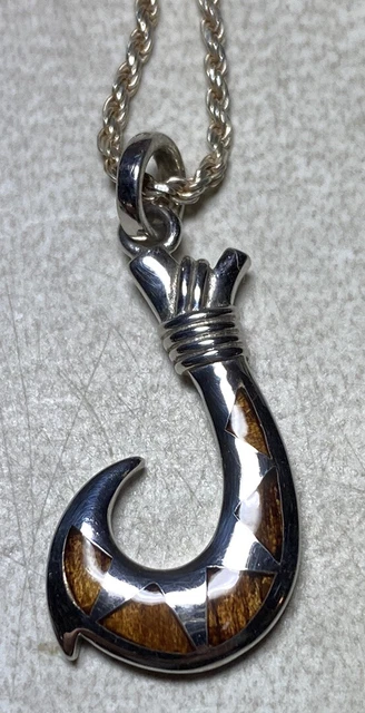 25mm .925 Sterling Silver Hawaiian Koa Wood Maori Hei Matau Fish Hook Pendant