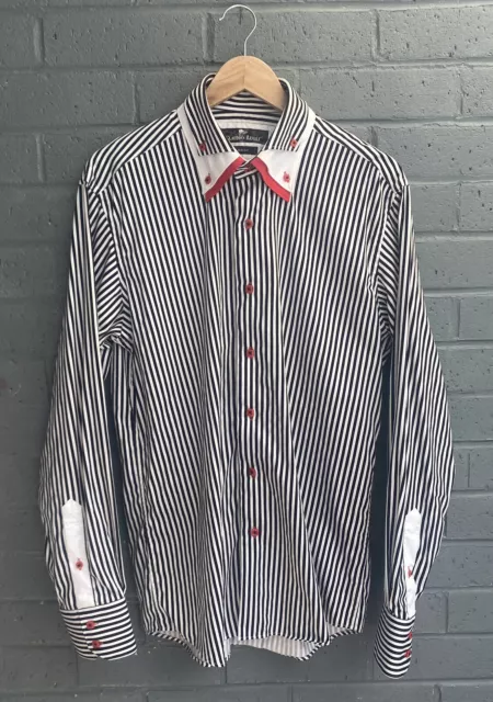 Claudio Lugli Long Sleeve Shirt Back & White Striped 100% Cotton Mens Slim Cut L