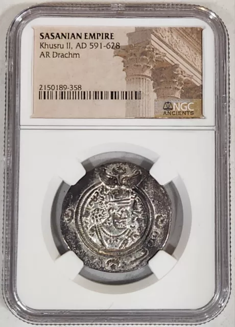 SASANIAN EMPIRE KHURSU II AR DRACHM 591-628 AD NGC GENUINE Ancient Silver Coin