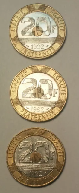 3 Pièces de 20 franc 1992 V serré EC