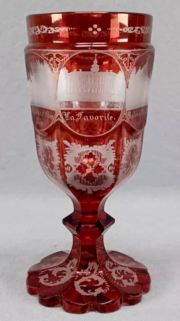 Mid 19th Century German & French Engraved Scenes Ruby Stained Cut Glass Goblet