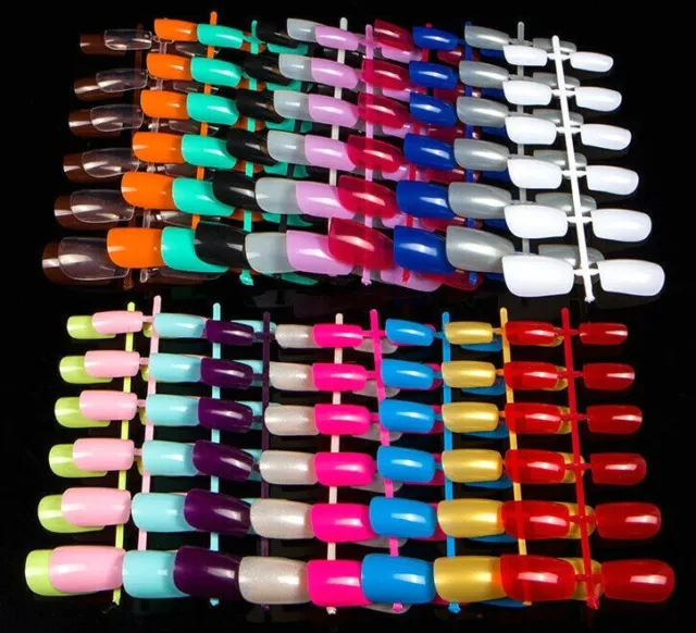 24pcs SHORT Full Cover SQUARE Pre Shaped Coloured Tips Fake Glue On False Nails