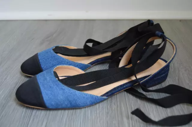 JCrew $138 Denim Ankle-Wrap Flats Sz 6.5 Crisp Azure G0917 Blue Black Shoes new