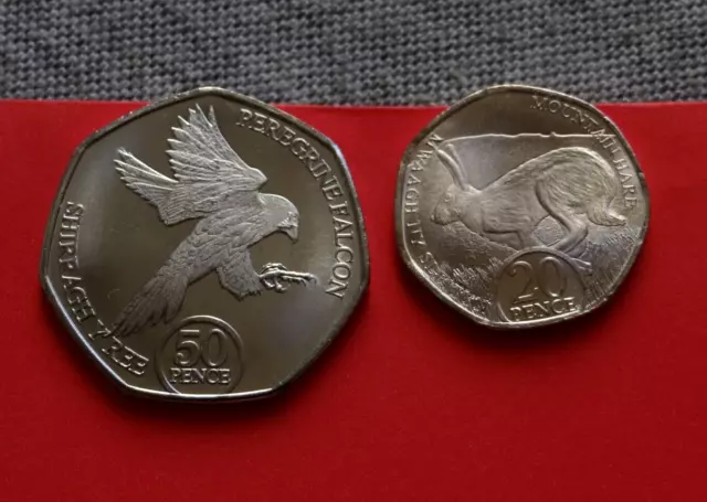 2023 Isle of Man 🇮🇲 50 - 20 Pence coins HARE 20 p Peregrine FALCON  50 p coin