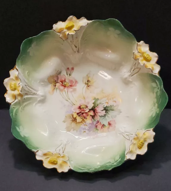 RS Prussia Serving Bowl Large 10.5" Antique Handpainted Accents Floral Unmarked