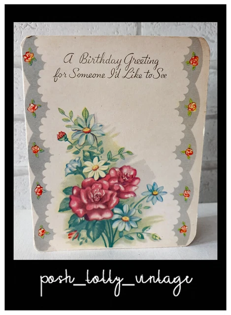 Vintage 1940's Birthday Flowers Pretty Bouquet Old UNUSED Greeting Card EB1102