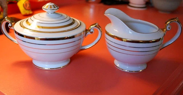 LARGE Vintage Creamer & Sugar Bowl W Lid Set DIAMOND JAPAN Hand Painted Gold
