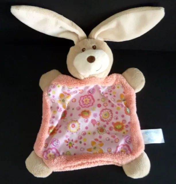 46. Doudou plat PLANET PLUSH lapin rose beige blanc fleur 20cm+oreil ETAT NEUF *