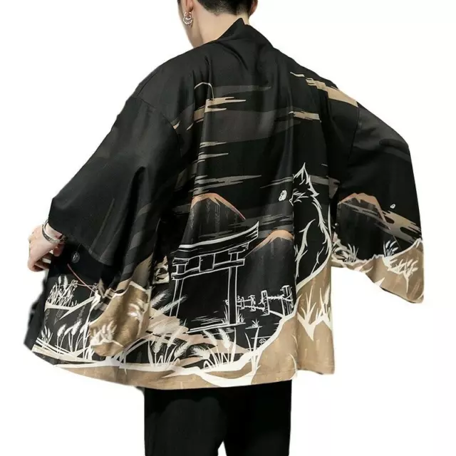 Mens Summer Printed Floral Cardigan Jacket Japanese Cloak Kimono Chinese style @