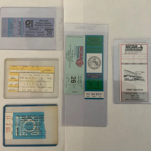 Lot of 6 NCAA Men’s Basketball Tournament ticket stubs 1985 - 1994 1st rds &regs