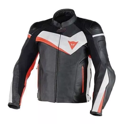 Dainese Veloster  Motorcycle Leather Jacket Black/White/ Fluo-Red Size 50