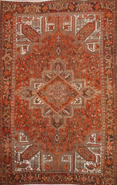 Orange Wool Heriz Traditional Living Room Rug 7x10 Handmade Geometric Carpet