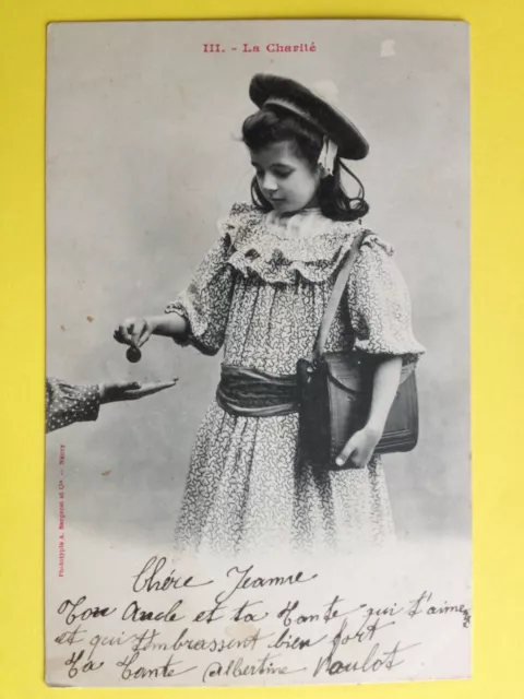 cpa 1900 Phot. BERGERET & Cie NANCY La CHARITÉ Girl Silver Sou coin