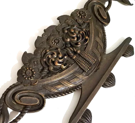 Antique french bronze scroll flower pediment Art deco Furniture hardware 18 in