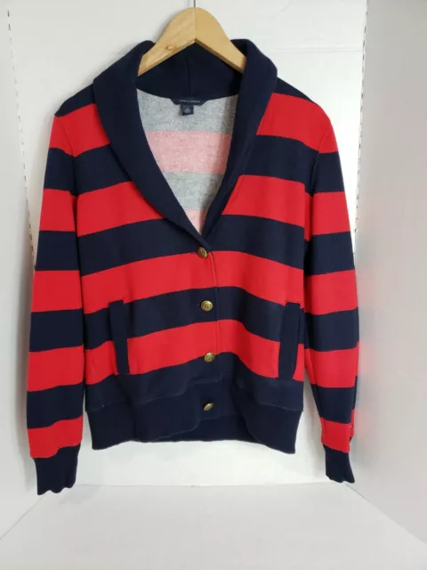 Tommy Hilfiger Women's Red & Blue Striped Long Sleeve Button Cardigan, M