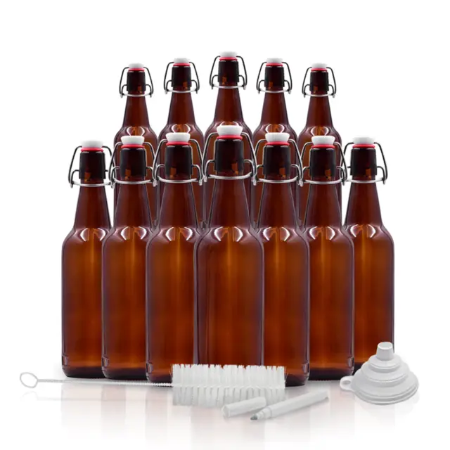 Nevlers 16 Oz. Airtight Glass Swing Top Beer Bottles - Amber Glass (Pack of 12)